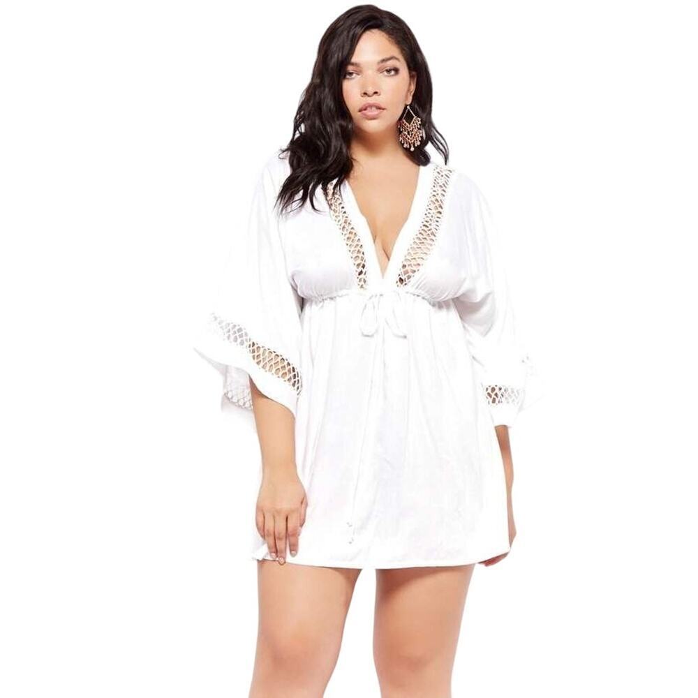 Raviya White Crochet Trim Kimono Swim Cover-Up Dress L Resort Boho
